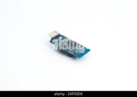 Rear view of an RTC (Real Time Clock) module with code ZS-042. This module is used for electronics hobbyists for DIY materials. Stock Photo