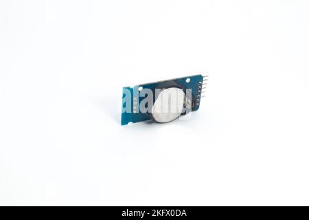 Front view of an RTC (Real Time Clock) module. This module is used for electronics hobbyists for DIY materials. Stock Photo