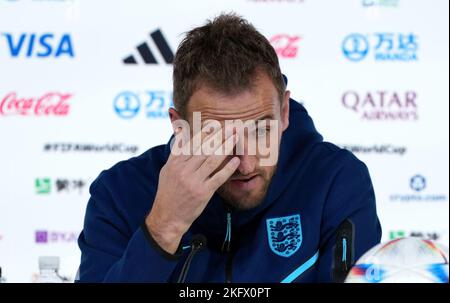 England's Harry Kane during a press conference at the Main Media Centre in Doha, Qatar. Picture date: Sunday November 20, 2022. Stock Photo