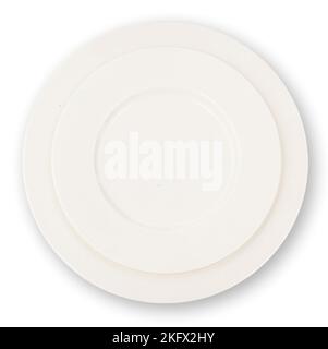 Table setting top view. Two white plates empty isolated on white background. Food, dinner template Stock Photo