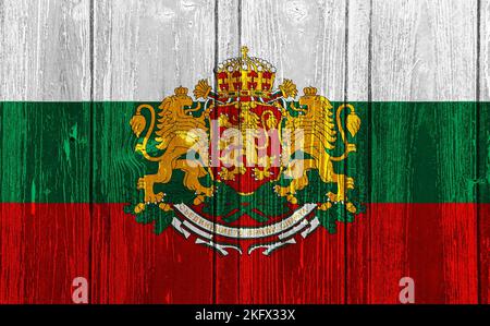 Flag and coat of arms of Bulgaria on a textured background. Concept collage. Stock Photo