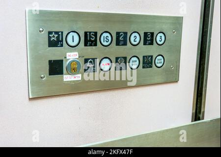 Metallic Elevator control panel with push buttons to floor or occupants Stock Photo