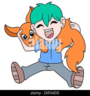 A vector illustration of a rejoicing boy carrying a fox on his shoulders on a white background Stock Vector