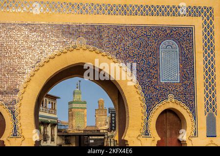 Bab Bou Jeloud - one of the main gates into the medina of Fez in Morocco, Stock Photo