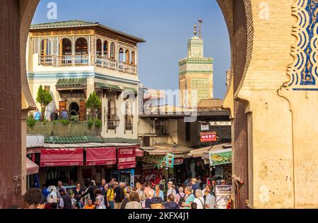 Bab Bou Jeloud - one of the main gates into the medina of Fez in Morocco, Stock Photo