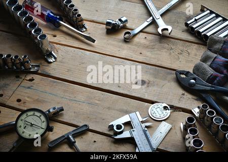 Mechanics Tools on Wooden Tool Bench Stock Photo