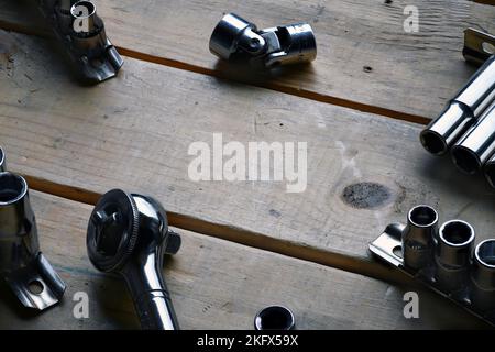 Mechanics Tools on Wooden Tool Bench Stock Photo