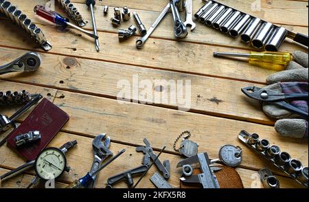 Vintage Hand Tools on 2x4 Work Bench Stock Photo