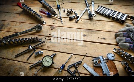 Vintage Hand Tools on 2x4 Work Bench Stock Photo