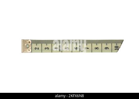 yellow measure tape from above on white background, 10 centimeters Stock Photo