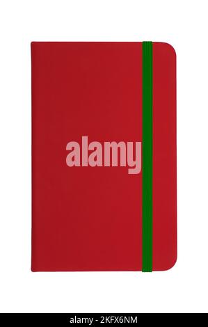 Red notebook with green elastic band Stock Photo