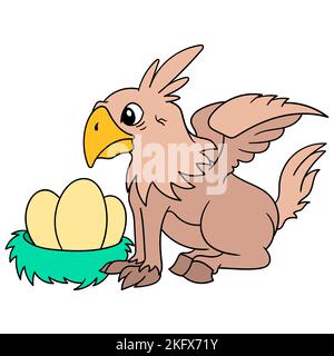 An editable vector of a brown eagle guarding its eggs in the nest Stock Vector