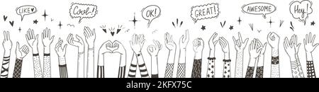 Support and applause sketch hands. Arm waving, clapping hand woman man. Helping or support human, happy signs. Thumbs up, fan crowd neoteric vector Stock Vector