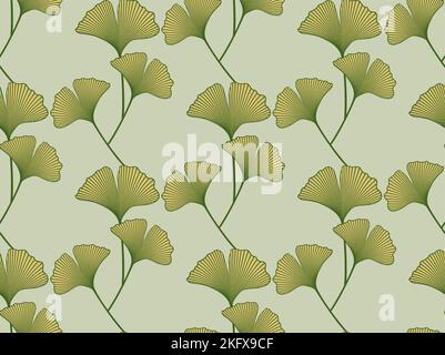 seamless pattern with hand drawn Ginkgo biloba leaves. Japanese drawing graphic style, logo template, vector illustration fabric print floral botany Stock Vector