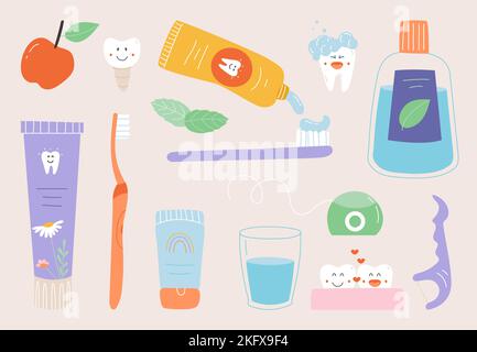 Dental care tools, cute teeth mascots. Cleaning stomatology brushes, paste and liquids. Fresh breath tool. Oral hygiene classy vector cartoon elements Stock Vector