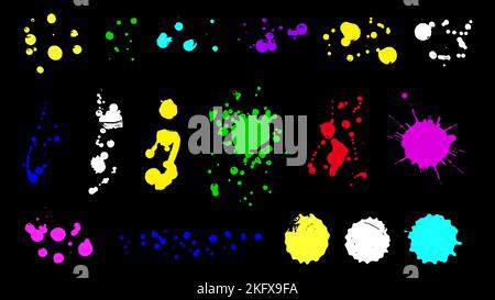 Neon colors graphic elements. Blobs and spray, decorative ink splashes. Colorful blobs, grunge vector art hand drawn spots Stock Vector