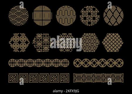 Japan pattern elements. Oriental texture ribbon symbols, waves flowers plants japanese asian ornaments collection Stock Vector