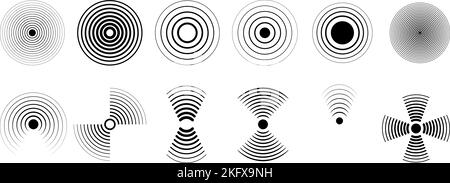 Signal sonar detection, monitor pulse symbol. Waves signals black icons, spiker sound or radar. Frequency noise, digital scan vector elements Stock Vector
