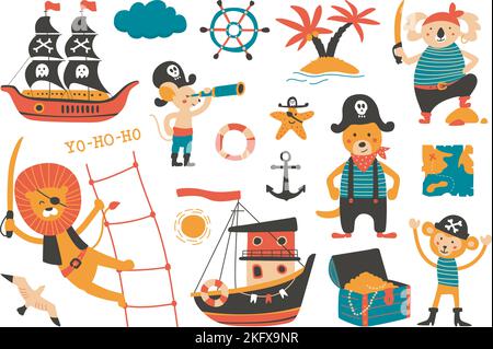 Cartoon animal pirates, ocean adventures marine elements. Cute kids pirate, sailing ship and seagull. Lion koala sailor, monkey with treasure, classy Stock Vector