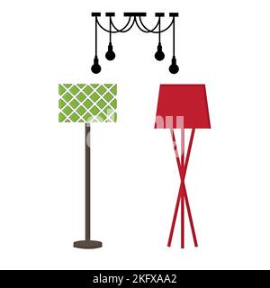 Furniture chandelier, floor and table lamp in flat cartoon style. A set of lamps on a white background. Chandeliers, illuminator, flashlight - element Stock Vector