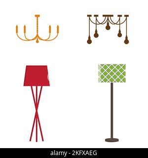 Furniture chandelier, floor and table lamp in flat cartoon style. A set of lamps on a white background. Chandeliers, illuminator, flashlight - element Stock Vector