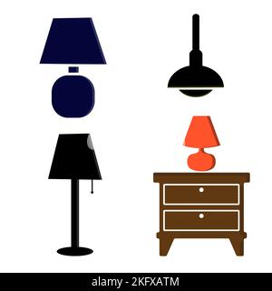 Furniture chandelier, floor and table lamp in flat cartoon style. A set of lamps on a white background. Chandeliers, illuminator, flashlight - element Stock Vector