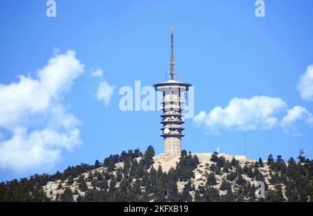 Telecommunication tower antenna in mount Parnitha, Greece Stock Photo