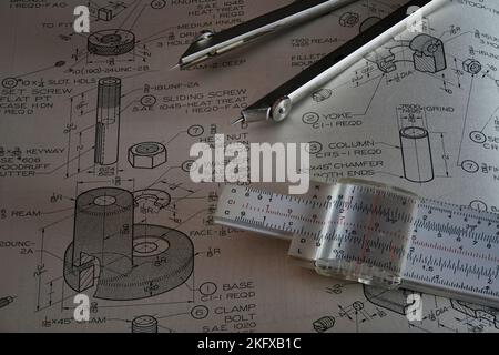 Slide Rule and Dividers on Drawing Stock Photo