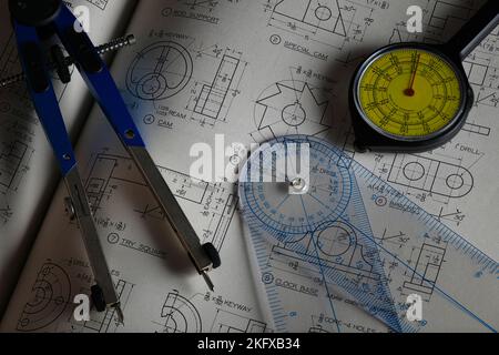 Drafting tools on mechanical Drawings Stock Photo