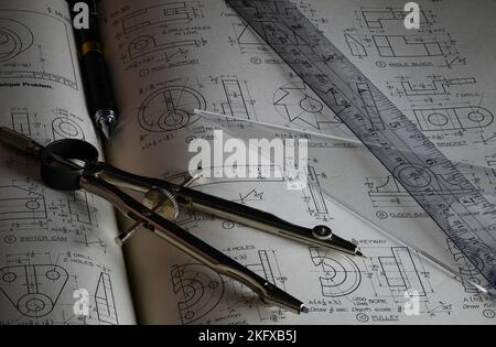 Drafting tools on mechanical Drawings Stock Photo