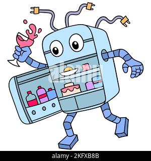 An editable vector of an open refrigerator full of sweets and drinks walking Stock Vector