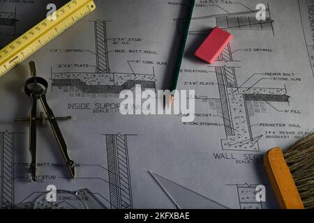 Drafting tools on hand drawn Architectural Plans Stock Photo