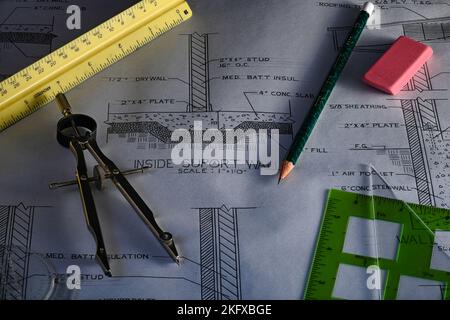 Drafting tools on hand drawn Architectural Plans Stock Photo