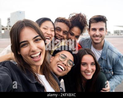 Happy diverse friendship concept with young people having fun together  Stock Photo