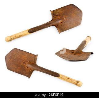Old rusty army shovel, isolated on white background Stock Photo
