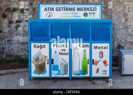 Recycling bins for separate garbage collection in Antalya, Turkey Stock Photo