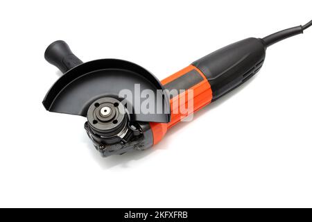 Handheld electric power tool. Powerful angle grinder on white background Stock Photo