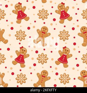 Winter Christmas seamless pattern with Gingerbread man and woman with snowflake cookies. Vector illustration. Stock Vector