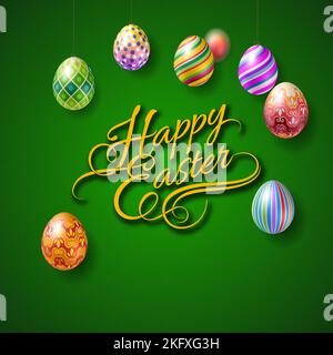 Colorful Easter Eggs Hanging on a String on Green Background Stock Vector