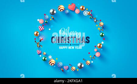 Creative circle frame made of shiny balls, confetti, candies and hearts. Merry Christmas and happy new year. Vector illustration Stock Vector