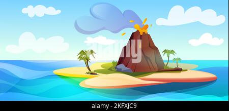 Volcano eruption with hot lava and black smoke clouds. Tropical island with active mountain smoking crater, liquid magma, palm trees and sand beach. Ocean landscape vector cartoon illustration. Stock Vector