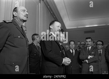 Juan Carlos Onganía, Argentine defacto president, helds a press conference at the Casa Rosada (Government House), Buenos Aires, Argentina, 1967 Stock Photo