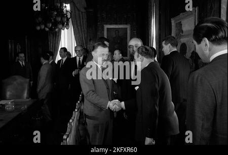 Juan Carlos Onganía, Argentine defacto president, helds a press conference at the Casa Rosada (Government House), Buenos Aires, Argentina, 1967 Stock Photo