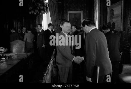 Juan Carlos Onganía, Argentine defacto president, helds a press conference at the Casa Rosada (Government House), Buenos Aires, Argentina, 1967 Stock Photo