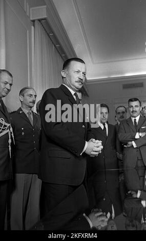 Juan Carlos Onganía, Argentine defacto president, helds a press conference at the Casa Rosada (Government House), Buenos Aires, Argentina, 1967 Stock Photo