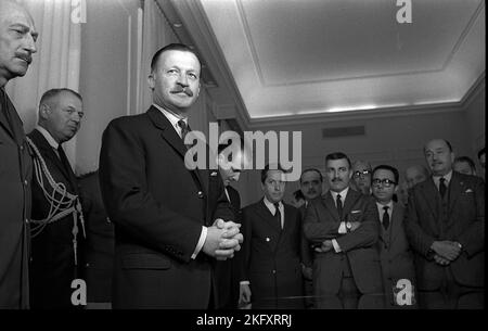 Juan Carlos Onganía, Argentine defacto president, helds a press conference at the Casa Rosada (Government House), Buenos Aires, Argentina, 1967 Stock Photo