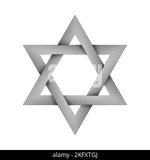 Halftone six pointed star figure. Star of David. Hexagram. Geometric shape with Interlocking style. Stock Vector