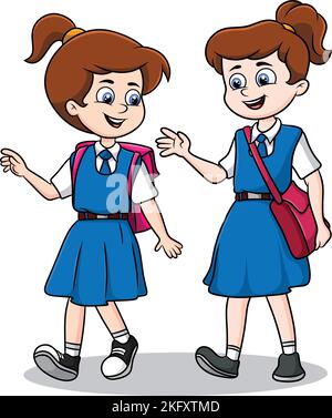 Two Schoolgirls are going to school cute cartoon vector illustration Stock Vector