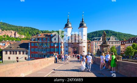 Heidelberg, Baden-Württemberg, Germany - 02 July 2022: On the Karl Theodor Bridge which is commonly known as the Old Bridge. Stock Photo