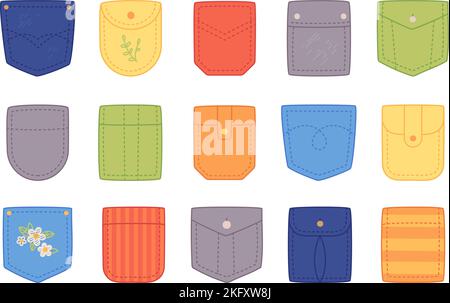 Patch pockets for denim shirt and pants. Vector cartoon set of decoration  element of clothes, blue and pink jeans pockets with seams, buttons, flaps  and embroidery isolated on white background Stock Vector